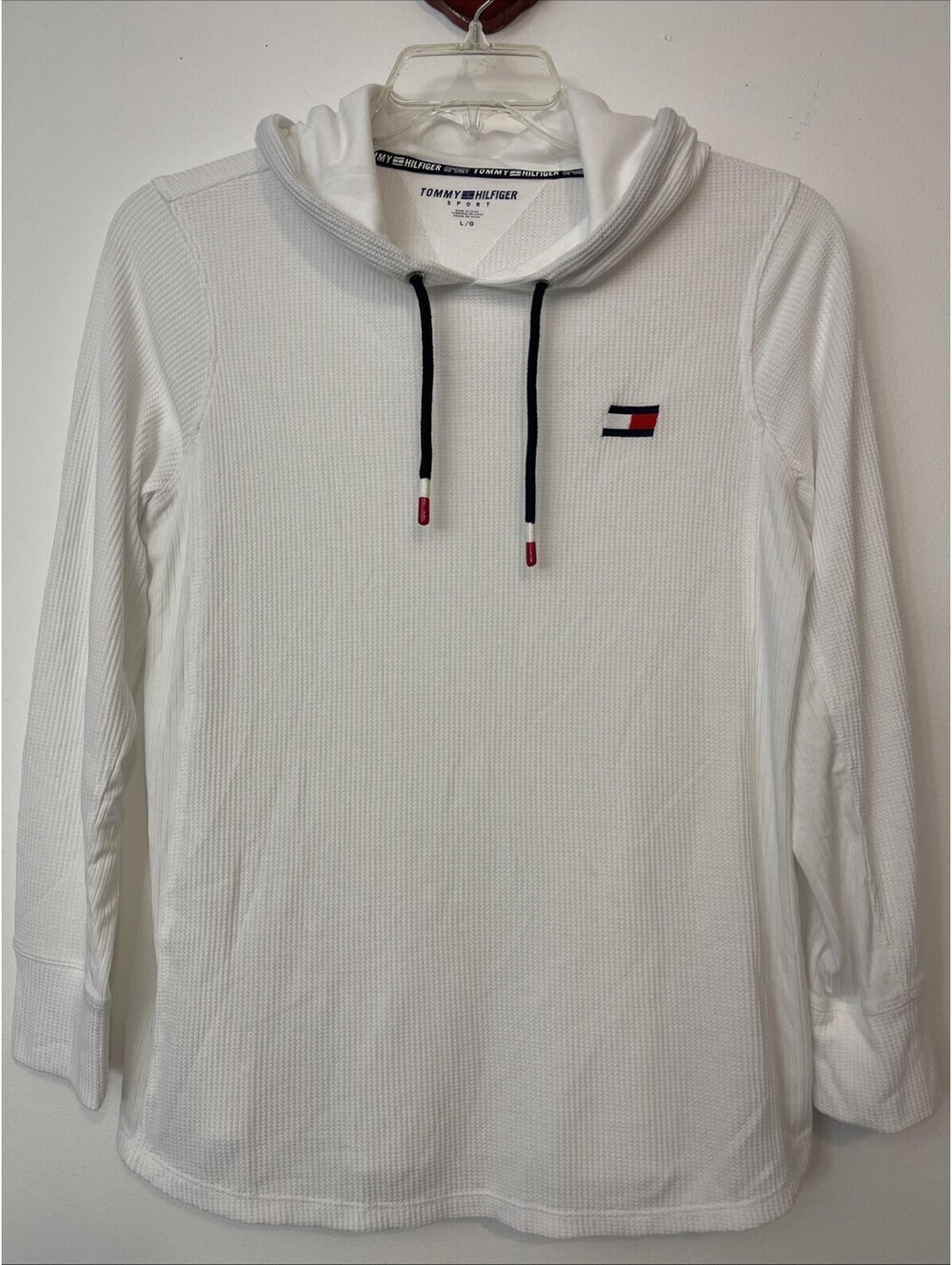 Tommy Hilfiger Sport Womens Large White Ribbed Pullover Hooded Logo Shirt! A5309
